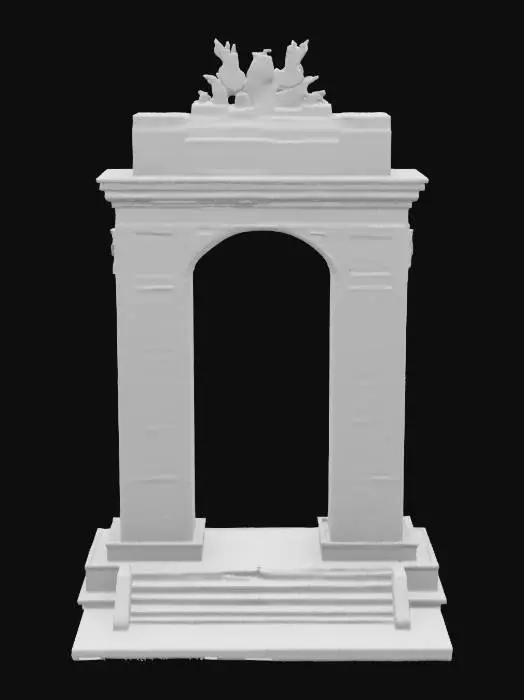 3D model for Subject: A commemorative memorial arch, honoring the One Year War casualties; Style: Monumental neoclassic-industrial fusion with Gundam-era motifs; Material: Polished white duralumin and reflective black obsidian inlays; Details: 40 m tall triple-span arch with central keystone carved in relief of RX-78 silhouette, flanked by bronze bas-relief panels depicting iconic battle scenes, engraved names of fallen soldiers in stylized Earth Federation font, integrated triumphal LED uplighting, laser-etched geoflux energy circuits, warm underlighting, carved solar motifs, basalt mosaic foundation, and ornamental pilasters with optic-fiber filament; Purpose: Monumental memorial landmark for diorama and game environments, evoking solemn reverence., #arch#