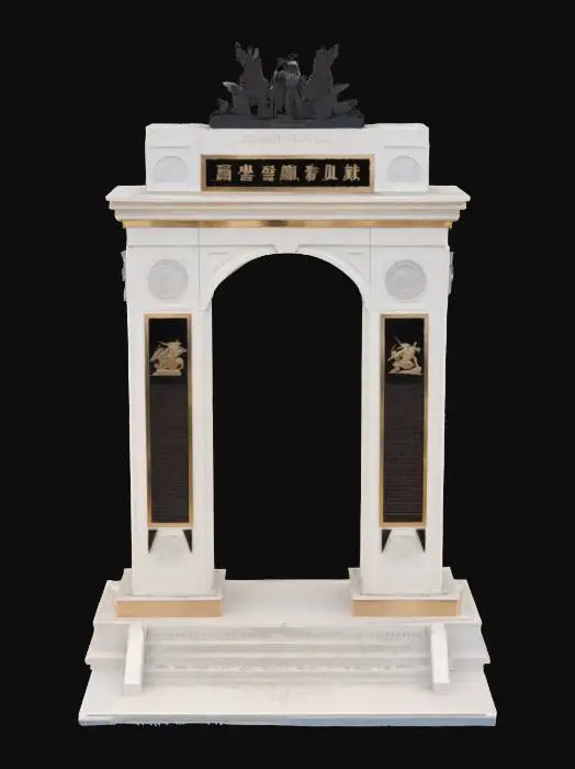 3D model for Subject: A commemorative memorial arch, honoring the One Year War casualties; Style: Monumental neoclassic-industrial fusion with Gundam-era motifs; Material: Polished white duralumin and reflective black obsidian inlays; Details: 40 m tall triple-span arch with central keystone carved in relief of RX-78 silhouette, flanked by bronze bas-relief panels depicting iconic battle scenes, engraved names of fallen soldiers in stylized Earth Federation font, integrated triumphal LED uplighting, laser-etched geoflux energy circuits, warm underlighting, carved solar motifs, basalt mosaic foundation, and ornamental pilasters with optic-fiber filament; Purpose: Monumental memorial landmark for diorama and game environments, evoking solemn reverence., #arch#