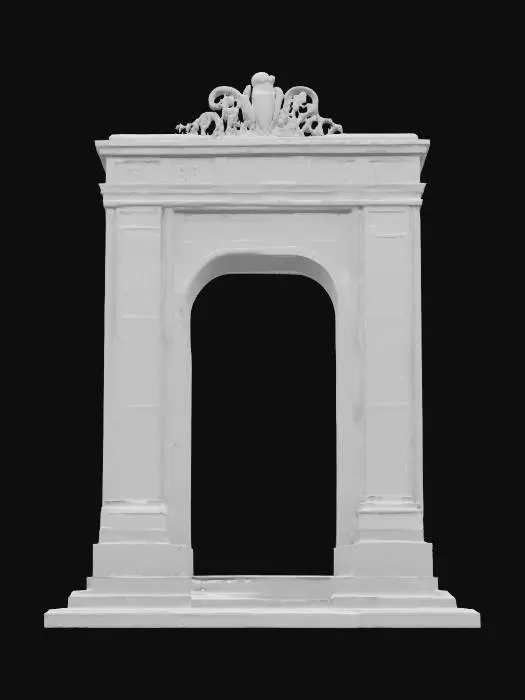 3D model for Subject: A commemorative memorial arch, honoring the One Year War casualties; Style: Monumental neoclassic-industrial fusion with Gundam-era motifs; Material: Polished white duralumin and reflective black obsidian inlays; Details: 40 m tall triple-span arch with central keystone carved in relief of RX-78 silhouette, flanked by bronze bas-relief panels depicting iconic battle scenes, engraved names of fallen soldiers in stylized Earth Federation font, integrated triumphal LED uplighting, laser-etched geoflux energy circuits, warm underlighting, carved solar motifs, basalt mosaic foundation, and ornamental pilasters with optic-fiber filament; Purpose: Monumental memorial landmark for diorama and game environments, evoking solemn reverence., #arch#