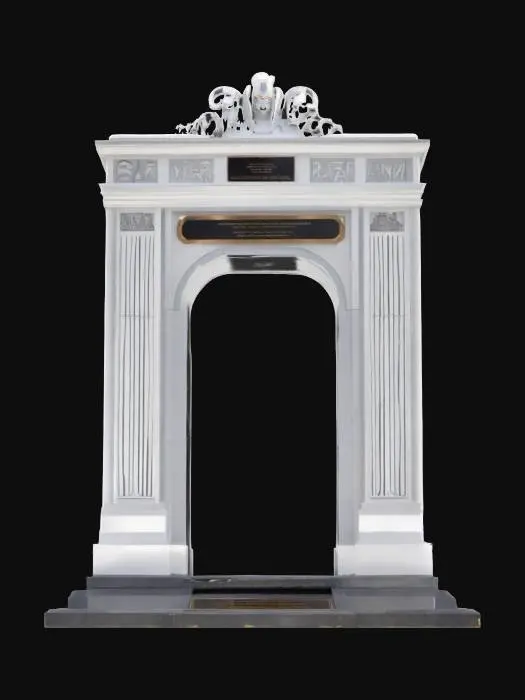 3D model for Subject: A commemorative memorial arch, honoring the One Year War casualties; Style: Monumental neoclassic-industrial fusion with Gundam-era motifs; Material: Polished white duralumin and reflective black obsidian inlays; Details: 40 m tall triple-span arch with central keystone carved in relief of RX-78 silhouette, flanked by bronze bas-relief panels depicting iconic battle scenes, engraved names of fallen soldiers in stylized Earth Federation font, integrated triumphal LED uplighting, laser-etched geoflux energy circuits, warm underlighting, carved solar motifs, basalt mosaic foundation, and ornamental pilasters with optic-fiber filament; Purpose: Monumental memorial landmark for diorama and game environments, evoking solemn reverence., #arch#