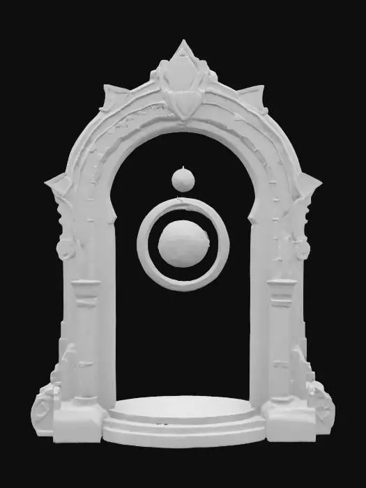 3D model for Portal Archway linking two worlds with dimensional transference gateway
Style: Ethereal cosmic-fantasy-meets-sleek sci-fi design with art nouveau curves and angular tech accents
Material: Crystal-infused obsidian framework, luminescent mythril conduits, holographic Aetheric panels
Details: Twin concentric arch rings (span 50 m) with shifting fractal patterns, central floating keystone orb, bioluminescent filament veins, engraved arcane glyph circuits, micro-thruster stabilizers, suspended anti-gravity pylons, reflective mirror plating, subtle particle mist emitters and dynamic color-shifting luminescence ribbons, nano-sculpted runic filigree along edges
Purpose: Iconic world-bridge landmark optimized for PBR visualization in game cinematics and VR explorations and gallery showcase, #arch#