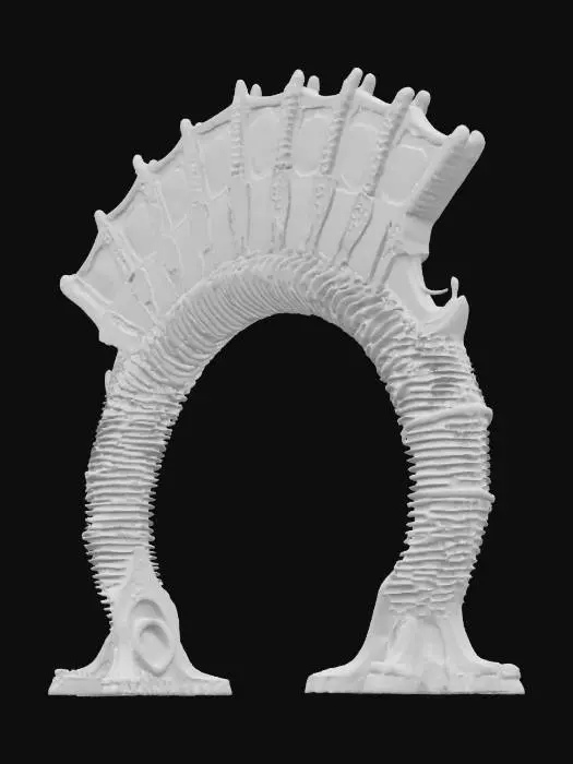 3D model for Object: Colossal bio-architectural archway organism
Material: Bioengineered chitin exoskeleton, mycelium-reinforced cores, photosynthetic glass membranes, vascular hydrogel veins
Shape/Form: 300-meter parabolic span with branching root-like pylons, ribbed vertebrae segments, dorsal respiration vents, tail-cantilever shading pods
Color Scheme: Jade-to-copper gradient outer skin, cyan bioluminescent vein network, sunset-amber membrane highlights
Texture Details: Semi-translucent living surface, subtle gloss, visible pulsing vascular channels, fibrous underside plates
Style: Biopunk realistic, high-poly organic megastructure
Reference Models: Gaudí-inspired flowing masonry, Avatar-style mega-flora, Grimshaw Eden Project biomes, #arch#