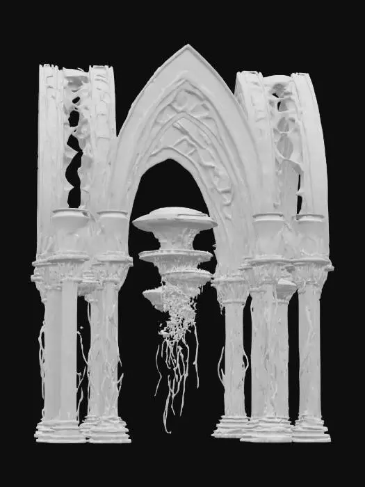 3D model for {
  "Object": "Grand cathedral structure composed of a swirling congregation of bioluminescent jellyfish",
  "Material": "Organic translucent jellyfish tissues with realistic subsurface scattering",
  "Shape/Form": "Gothic-inspired vaulted arches and columns formed by elongated tentacles and bell shapes, with cascading tendrils of light",
  "Color Scheme": "Deep navy blue ambient backdrop, with neon cyan and violet bioluminescent highlights",
  "Texture Details": "Smooth, gelatinous surfaces punctuated by soft glowing spots, drifting microplankton particles, and subtle thin-film iridescence",
  "Style": "Photorealistic PBR shading, high-fidelity detail, optimized for 3D printing",
  "Reference Models": [
    "Notre-Dame Cathedral silhouette for architectural proportions",
    , #ocean#, 

