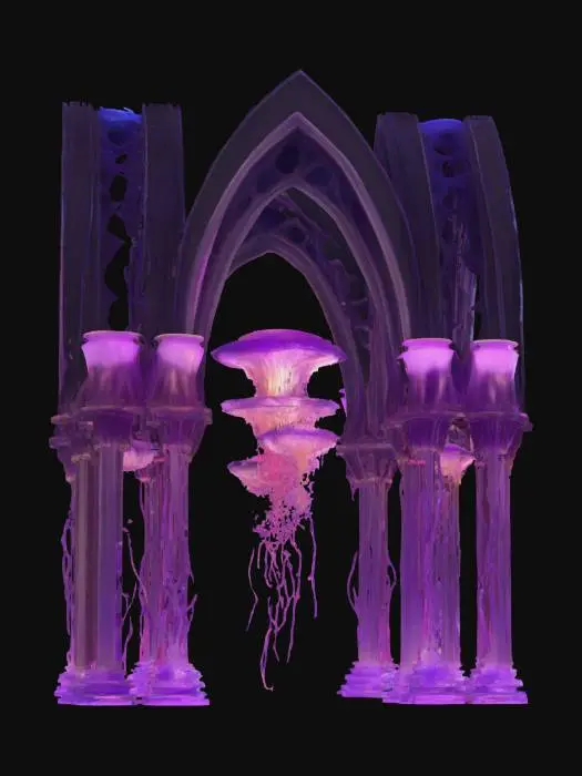 3D model for {
  "Object": "Grand cathedral structure composed of a swirling congregation of bioluminescent jellyfish",
  "Material": "Organic translucent jellyfish tissues with realistic subsurface scattering",
  "Shape/Form": "Gothic-inspired vaulted arches and columns formed by elongated tentacles and bell shapes, with cascading tendrils of light",
  "Color Scheme": "Deep navy blue ambient backdrop, with neon cyan and violet bioluminescent highlights",
  "Texture Details": "Smooth, gelatinous surfaces punctuated by soft glowing spots, drifting microplankton particles, and subtle thin-film iridescence",
  "Style": "Photorealistic PBR shading, high-fidelity detail, optimized for 3D printing",
  "Reference Models": [
    "Notre-Dame Cathedral silhouette for architectural proportions",
    , #ocean#, 


