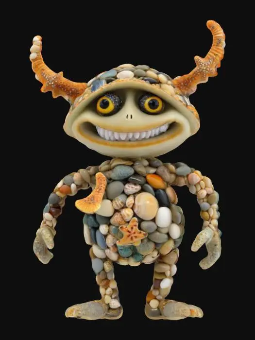 3D model for Tidepool Trickster: an impish creature made of shells and pebbles, with starfish adornments and a mischievous grin., #ocean#