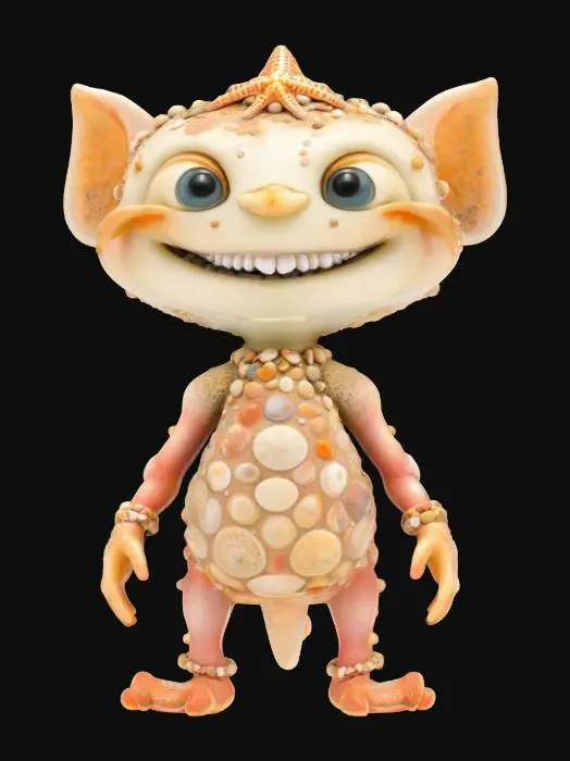 3D model for Tidepool Trickster: an impish creature made of shells and pebbles, with starfish adornments and a mischievous grin., #ocean#