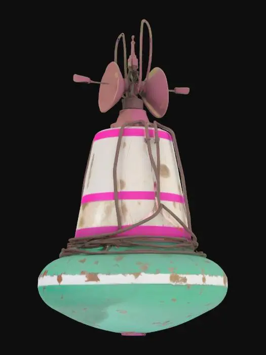 3D model for "Object": "Backdoor Signal Buoy",
"Material": "Weathered composite shell embedded with LED arrays and fiber-optic data strands",
"Shape/Form": "Floating cylindrical buoy topped with a dish antenna and trailing twisted cable tendrils",
"Color Scheme": "Sea-foam green base with flickering magenta signal bands and matte black accents",
 "Texture Details": "Salt-crusted PBR surface, chipped paint revealing layered circuit traces, dynamic emissive LED maps", "Style": "Stylized Realistic PBR with subtle cyber-decay effects", "Environment/Use Context": "Moored above a vibrant coral reef, periodically broadcasting hidden backdoor beacons to passing vessels", "Reference Models": [
"Standard marine navigational buoy",
    "Satellite communication dish",
    "Digital glitch overlays", #ocean#, 
