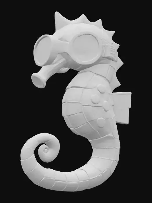 3D model for {
"Object": "Pixel Spyware Seahorse",
"Material": "Chunky low-res plastic voxels with an emissive glass “spy lens” on the head",
"Shape/Form": "Classic seahorse silhouette built from visible cubes, featuring a comically oversized monocle-eye lens and curled tail",
"Color Scheme": "Bright electric cyan body, hot-pink accents on the lens rim and fins, thick black outline on all edges",
"Texture Details": "Flat-shaded voxel faces (no gradients), subtle emissive glow on the spy-lens area, “scanline” glitch artifacts around the eye",
"Style": "8-bit/voxel shading fused with tongue-in-cheek surveillance comedy",
"Environment/Use Context": "Floating in a blocky coral garden, peeking at passing fish through its spy-lens with pixelated sonar waves",
, #ocean#,