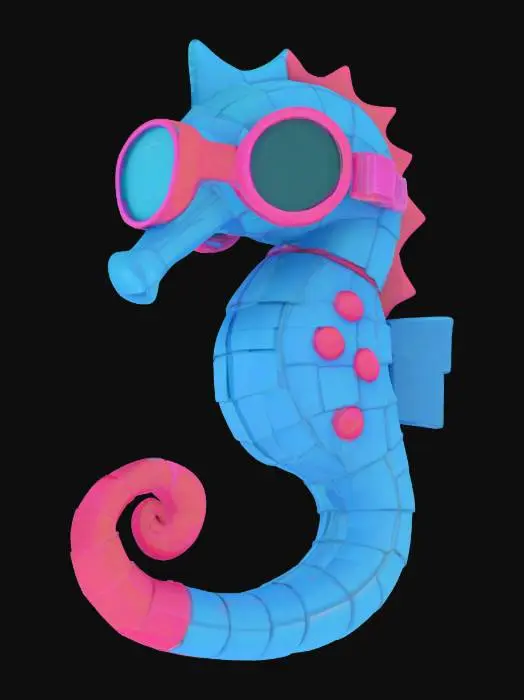 3D model for {
"Object": "Pixel Spyware Seahorse",
"Material": "Chunky low-res plastic voxels with an emissive glass “spy lens” on the head",
"Shape/Form": "Classic seahorse silhouette built from visible cubes, featuring a comically oversized monocle-eye lens and curled tail",
"Color Scheme": "Bright electric cyan body, hot-pink accents on the lens rim and fins, thick black outline on all edges",
"Texture Details": "Flat-shaded voxel faces (no gradients), subtle emissive glow on the spy-lens area, “scanline” glitch artifacts around the eye",
"Style": "8-bit/voxel shading fused with tongue-in-cheek surveillance comedy",
"Environment/Use Context": "Floating in a blocky coral garden, peeking at passing fish through its spy-lens with pixelated sonar waves",
, #ocean#,