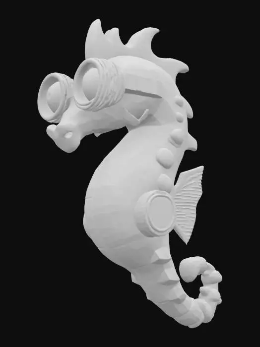3D model for {
"Object": "Pixel Spyware Seahorse",
"Material": "Chunky low-res plastic voxels with an emissive glass “spy lens” on the head",
"Shape/Form": "Classic seahorse silhouette built from visible cubes, featuring a comically oversized monocle-eye lens and curled tail",
"Color Scheme": "Bright electric cyan body, hot-pink accents on the lens rim and fins, thick black outline on all edges",
"Texture Details": "Flat-shaded voxel faces (no gradients), subtle emissive glow on the spy-lens area, “scanline” glitch artifacts around the eye",
"Style": "8-bit/voxel shading fused with tongue-in-cheek surveillance comedy",
"Environment/Use Context": "Floating in a blocky coral garden, peeking at passing fish through its spy-lens with pixelated sonar waves",
, #ocean#,