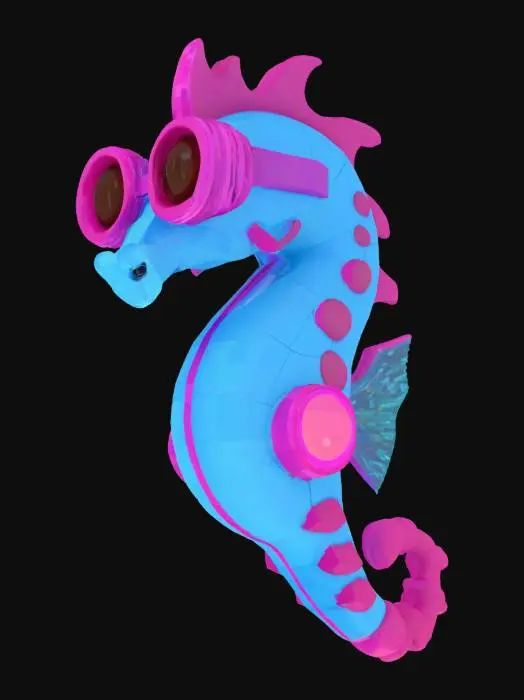 3D model for {
"Object": "Pixel Spyware Seahorse",
"Material": "Chunky low-res plastic voxels with an emissive glass “spy lens” on the head",
"Shape/Form": "Classic seahorse silhouette built from visible cubes, featuring a comically oversized monocle-eye lens and curled tail",
"Color Scheme": "Bright electric cyan body, hot-pink accents on the lens rim and fins, thick black outline on all edges",
"Texture Details": "Flat-shaded voxel faces (no gradients), subtle emissive glow on the spy-lens area, “scanline” glitch artifacts around the eye",
"Style": "8-bit/voxel shading fused with tongue-in-cheek surveillance comedy",
"Environment/Use Context": "Floating in a blocky coral garden, peeking at passing fish through its spy-lens with pixelated sonar waves",
, #ocean#,