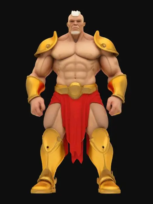 3D model for {
  "object": "Character",
  "material": "Skin, fabric, metal",
  "shape_form": "Humanoid, muscular, imposing stance",
  "color_scheme": {
    "primary": "Red",
    "secondary": "Gold",
    "tertiary": "White"
  },
  "texture_details": {
    "skin": "Slightly aged, detailed musculature",
    "fabric": "Smooth, reflective, with subtle wrinkles and creases",
    "metal": "Polished gold with slight weathering"
  },
  "style": "Realistic, Comic-style, PBR",
  "environment": "Stormy, with a dark and ominous sky, crackling lightning",
  "reference_models": ["Shazam from Kingdom Come by Alex Ross", "DC Comics character references"]
}
