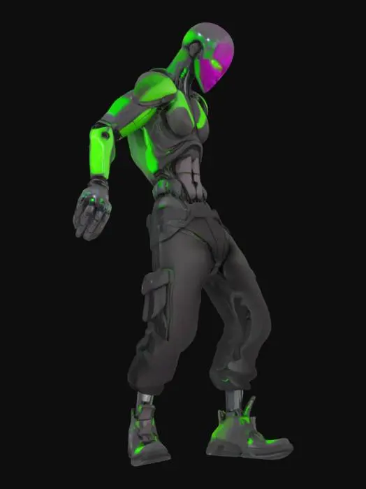 3D model for Object: NotPetya virus represented as a humanoid hacker avatar
Material: Synthetic leather, chrome metal, neon plastic
Shape/Form: Slim humanoid with angular robotic limbs and cybernetic implants
Color Scheme: Black base with neon green highlights and glitchy magenta effects
Texture Details: Glossy skin plates, circuit-etched surfaces, flickering digital tattoos
Style: Cartoon cyberpunk
Environment/Use Context: Standing in a virtual server room with glowing code streams
Reference Models: Inspired by characters from *Cyberpunk: Edgerunners* and *Watch Dogs* aesthetics