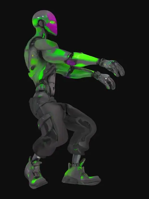 3D model for Object: NotPetya virus represented as a humanoid hacker avatar
Material: Synthetic leather, chrome metal, neon plastic
Shape/Form: Slim humanoid with angular robotic limbs and cybernetic implants
Color Scheme: Black base with neon green highlights and glitchy magenta effects
Texture Details: Glossy skin plates, circuit-etched surfaces, flickering digital tattoos
Style: Cartoon cyberpunk
Environment/Use Context: Standing in a virtual server room with glowing code streams
Reference Models: Inspired by characters from *Cyberpunk: Edgerunners* and *Watch Dogs* aesthetics