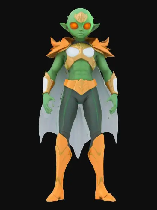 3D model for ### Character Concept
- **Species:** Alien Humanoid
- **Skin Color:** Emerald Green
- **Eyes:** Four, glowing orange
- **Accessories:** Gold armor, translucent cape
- **Pose:** Dynamic action stance
, #ocean#