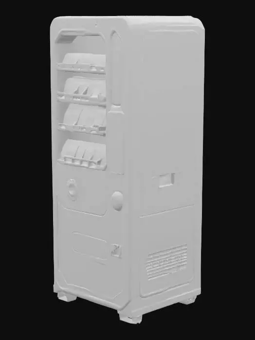 3D model for {
  "Object": "Vending Machine",
  "Material": "Lightweight futuristic alloy with matte black panels and white metallic trim",
  "Shape/Form": "Tall rectangular box with softly rounded corners; segmented front panels and inset circular dispensing ports",
  "Color Scheme": "High-contrast black and white line work only; no shading or fill colors",
  "Texture Details": "Smooth surfaces with etched circuit-patterned outlines, glowing edge highlights in white; panel seams detailed as thin black lines",
  "Style": "Sci-fi technical illustration, minimalistic wireframe aesthetic",
  "Environment/Use Context": ,
  "Reference Models": [
    "Tron lightcycle grid interface",
    "Blade Runner 2049 futuristic vending props"
  ]
}
