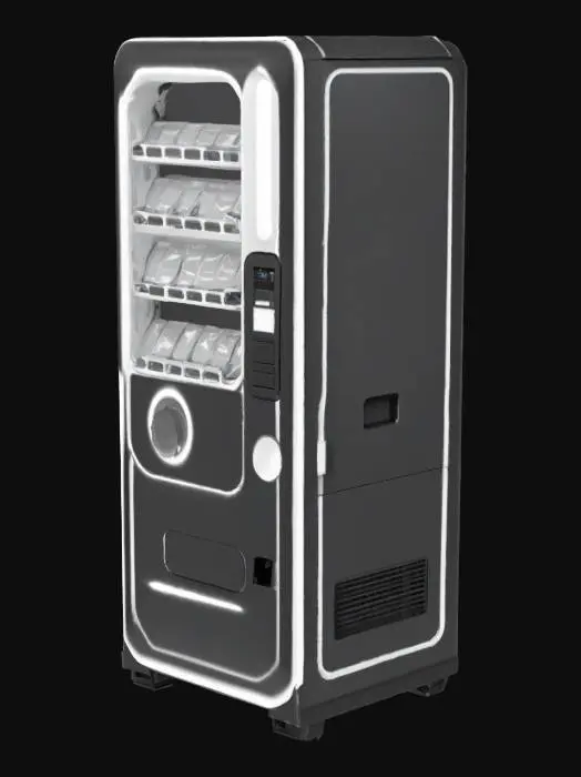 3D model for {
  "Object": "Vending Machine",
  "Material": "Lightweight futuristic alloy with matte black panels and white metallic trim",
  "Shape/Form": "Tall rectangular box with softly rounded corners; segmented front panels and inset circular dispensing ports",
  "Color Scheme": "High-contrast black and white line work only; no shading or fill colors",
  "Texture Details": "Smooth surfaces with etched circuit-patterned outlines, glowing edge highlights in white; panel seams detailed as thin black lines",
  "Style": "Sci-fi technical illustration, minimalistic wireframe aesthetic",
  "Environment/Use Context": ,
  "Reference Models": [
    "Tron lightcycle grid interface",
    "Blade Runner 2049 futuristic vending props"
  ]
}
