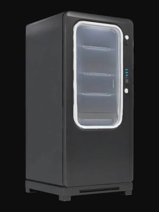 3D model for {
  "Object": "Vending Machine",
  "Material": "Lightweight futuristic alloy with matte black panels and white metallic trim",
  "Shape/Form": "Tall rectangular box with softly rounded corners; segmented front panels and inset circular dispensing ports",
  "Color Scheme": "High-contrast black and white line work only; no shading or fill colors",
  "Texture Details": "Smooth surfaces with etched circuit-patterned outlines, glowing edge highlights in white; panel seams detailed as thin black lines",
  "Style": "Sci-fi technical illustration, minimalistic wireframe aesthetic",
  "Environment/Use Context": ,
  "Reference Models": [
    "Tron lightcycle grid interface",
    "Blade Runner 2049 futuristic vending props"
  ]
}
