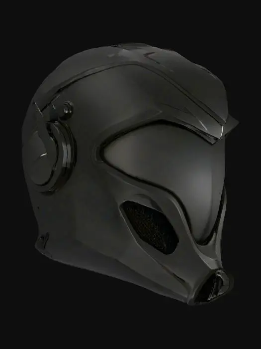 3D model for {"object":"Mask","material":"Gloss polymer shell; titanium mesh sublayer; embedded fiberoptic silicone strips along vent seams; magnetized latch hardware","shape_form":"Full-face plate; angular cheekbones; triangular eye sockets; recessed jaw armor; V-cut center seam; dual temple exhausts; chingrille","color_scheme":"Matte black base; RGB #00d4ff vent glow; RGB #ff0033 tracer lines; anodized gunmetal edges","texture_details":"Micro-scuffs; brushed steel scratches; lathed chin ridges; heat discoloration at ports; bead-blast matte brow; fine knurl on fasteners; PCB trace etching; diamond knurl on contact pads; micro-perforated inner lining; oiling around hinges; carbon scoring; dust accumulation in seam lines; hairline fatigue screw seats; debris","style":"PBR","polycount_control":"medium"}
