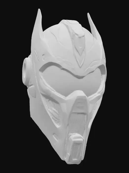 3D model for {"object":"Mask","material":"DLC-coated titanium plates; ceramic shell; smoked visor; fiberoptic edge channels; nitrile gaskets; magnetic latch pins; sealed nose bridge","shape_form":"Segmented crown; split crest; visor slit (10mm bevel); angular cheek bezels; reinforced mandible; 6 micro-vents/cheek; temple exhaust pods; HUD rails; chin grille","color_scheme":"Obsidian matte base; graphite panels; brushed brass chamfers; cyan emissive piping (RGB #00D4FF) idle pulse soft glow; vermilion glyphs (RGB #E2332E)","texture_details":"CNC toolmarks 0.2mm; 0.5mm chamfers; LPI180 hairline brush; torx T6; heat patina at exhausts; micro-hex stipple; etched serial+QR; grime in seams; AO-heavy screw seats; hinge oil; carbon scoring; dust","style":"PBR,realistic,game-ready","polycount_control":"medium"}