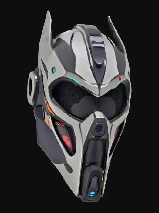 3D model for {"object":"Mask","material":"DLC-coated titanium plates; ceramic shell; smoked visor; fiberoptic edge channels; nitrile gaskets; magnetic latch pins; sealed nose bridge","shape_form":"Segmented crown; split crest; visor slit (10mm bevel); angular cheek bezels; reinforced mandible; 6 micro-vents/cheek; temple exhaust pods; HUD rails; chin grille","color_scheme":"Obsidian matte base; graphite panels; brushed brass chamfers; cyan emissive piping (RGB #00D4FF) idle pulse soft glow; vermilion glyphs (RGB #E2332E)","texture_details":"CNC toolmarks 0.2mm; 0.5mm chamfers; LPI180 hairline brush; torx T6; heat patina at exhausts; micro-hex stipple; etched serial+QR; grime in seams; AO-heavy screw seats; hinge oil; carbon scoring; dust","style":"PBR,realistic,game-ready","polycount_control":"medium"}