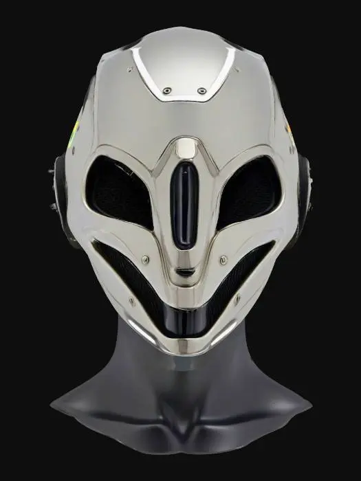 3D model for {"object":"Mask","material":"Gloss polymer shell; titanium mesh sublayer; embedded fiberoptic silicone strips along vent seams; magnetized latch hardware","shape_form":"Full-face plate; angular cheekbones; triangular eye sockets; recessed jaw armor; V-cut center seam; dual temple exhausts; chingrille","color_scheme":"Matte black base; RGB #00d4ff vent glow; RGB #ff0033 tracer lines; anodized gunmetal edges","texture_details":"Micro-scuffs; brushed steel scratches; lathed chin ridges; heat discoloration at ports; bead-blast matte brow; fine knurl on fasteners; PCB trace etching; diamond knurl on contact pads; micro-perforated inner lining; oiling around hinges; carbon scoring; dust accumulation in seam lines; hairline fatigue screw seats; debris","style":"PBR","polycount_control":"medium"}
