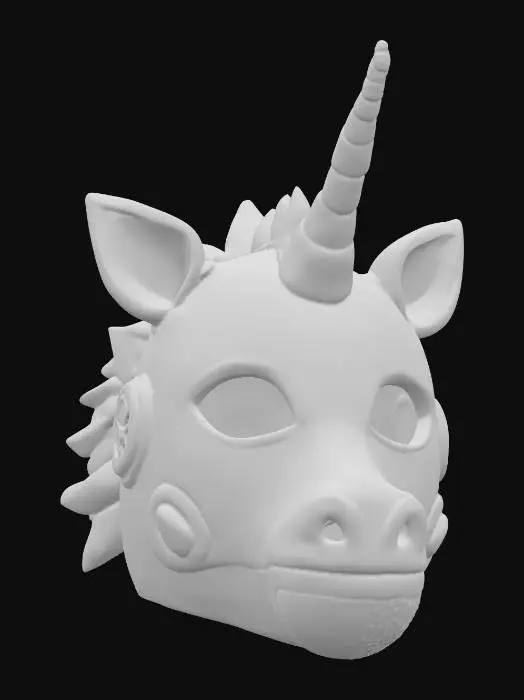3D model for {"object":"Mask","material":"Pearlescent polycarbonate shell; aluminum subframe; AR-coated visor; silicone light pipes; nitrile gasket; M3 fasteners","shape_form":"Unicorn crest rail with 120mm horn diffuser; arched brow; cheek fairings; tapered cheeks; split mandible; hex micro-perf intake (1.2mm,40%); dual temple vents; chin grille; hidden latches","color_scheme":"Pearl white; rainbow emissive gradient #FF00FF>#8A2BE2>#00D4FF>#00FFC8>#37FF00>#FFE600>#FF7A00>#FF0033; gold hardware; visor VLT 40%","texture_details":"2K gloss clearcoat; orange peel 5-10um; hairline scratches in wear; holographic star decals 5mm; glitter 3% area; silicone pipes satin; AO-heavy screw seats; micro dust in seams; heat bloom at exhausts","style":"PBR, stylized-realistic, game-ready","polycount_control":"medium"}