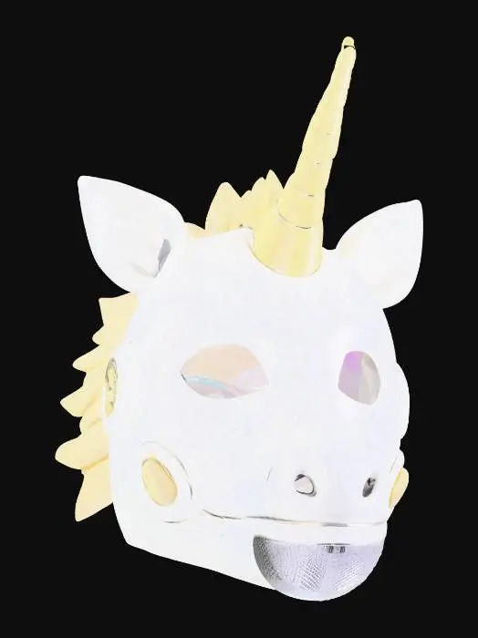 3D model for {"object":"Mask","material":"Pearlescent polycarbonate shell; aluminum subframe; AR-coated visor; silicone light pipes; nitrile gasket; M3 fasteners","shape_form":"Unicorn crest rail with 120mm horn diffuser; arched brow; cheek fairings; tapered cheeks; split mandible; hex micro-perf intake (1.2mm,40%); dual temple vents; chin grille; hidden latches","color_scheme":"Pearl white; rainbow emissive gradient #FF00FF>#8A2BE2>#00D4FF>#00FFC8>#37FF00>#FFE600>#FF7A00>#FF0033; gold hardware; visor VLT 40%","texture_details":"2K gloss clearcoat; orange peel 5-10um; hairline scratches in wear; holographic star decals 5mm; glitter 3% area; silicone pipes satin; AO-heavy screw seats; micro dust in seams; heat bloom at exhausts","style":"PBR, stylized-realistic, game-ready","polycount_control":"medium"}