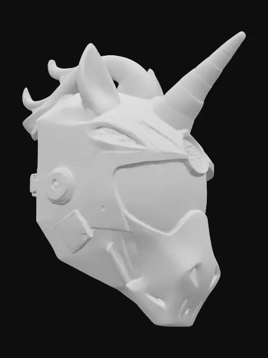 3D model for {"object":"Mask","material":"Pearlescent polycarbonate shell; aluminum subframe; AR-coated visor; silicone light pipes; nitrile gasket; M3 fasteners","shape_form":"Unicorn crest rail with 120mm horn diffuser; arched brow; cheek fairings; tapered cheeks; split mandible; hex micro-perf intake (1.2mm,40%); dual temple vents; chin grille; hidden latches","color_scheme":"Pearl white; rainbow emissive gradient #FF00FF>#8A2BE2>#00D4FF>#00FFC8>#37FF00>#FFE600>#FF7A00>#FF0033; gold hardware; visor VLT 40%","texture_details":"2K gloss clearcoat; orange peel 5-10um; hairline scratches in wear; holographic star decals 5mm; glitter 3% area; silicone pipes satin; AO-heavy screw seats; micro dust in seams; heat bloom at exhausts","style":"PBR, stylized-realistic, game-ready","polycount_control":"medium"}