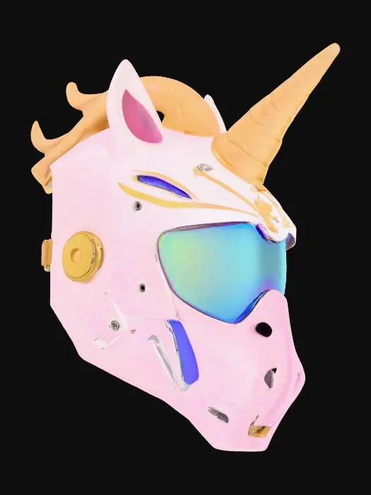 3D model for {"object":"Mask","material":"Pearlescent polycarbonate shell; aluminum subframe; AR-coated visor; silicone light pipes; nitrile gasket; M3 fasteners","shape_form":"Unicorn crest rail with 120mm horn diffuser; arched brow; cheek fairings; tapered cheeks; split mandible; hex micro-perf intake (1.2mm,40%); dual temple vents; chin grille; hidden latches","color_scheme":"Pearl white; rainbow emissive gradient #FF00FF>#8A2BE2>#00D4FF>#00FFC8>#37FF00>#FFE600>#FF7A00>#FF0033; gold hardware; visor VLT 40%","texture_details":"2K gloss clearcoat; orange peel 5-10um; hairline scratches in wear; holographic star decals 5mm; glitter 3% area; silicone pipes satin; AO-heavy screw seats; micro dust in seams; heat bloom at exhausts","style":"PBR, stylized-realistic, game-ready","polycount_control":"medium"}