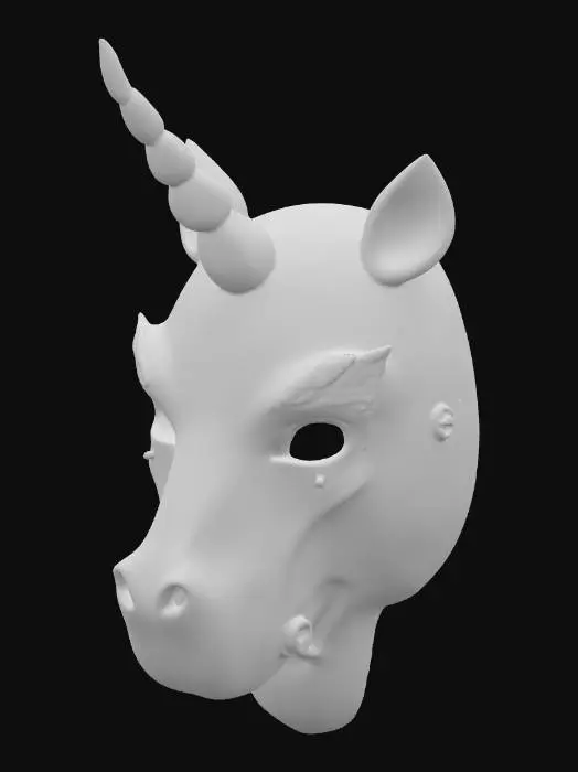 3D model for {"object":"Mask","material":"Pearlescent polycarbonate shell; aluminum subframe; AR-coated visor; silicone light pipes; nitrile gasket; M3 fasteners","shape_form":"Unicorn crest rail with 120mm horn diffuser; arched brow; cheek fairings; tapered cheeks; split mandible; hex micro-perf intake (1.2mm,40%); dual temple vents; chin grille; hidden latches","color_scheme":"Pearl white; rainbow emissive gradient #FF00FF>#8A2BE2>#00D4FF>#00FFC8>#37FF00>#FFE600>#FF7A00>#FF0033; gold hardware; visor VLT 40%","texture_details":"2K gloss clearcoat; orange peel 5-10um; hairline scratches in wear; holographic star decals 5mm; glitter 3% area; silicone pipes satin; AO-heavy screw seats; micro dust in seams; heat bloom at exhausts","style":"PBR, stylized-realistic, game-ready","polycount_control":"medium"}