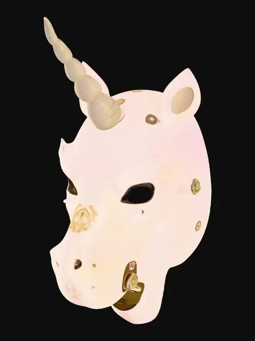 3D model for {"object":"Mask","material":"Pearlescent polycarbonate shell; aluminum subframe; AR-coated visor; silicone light pipes; nitrile gasket; M3 fasteners","shape_form":"Unicorn crest rail with 120mm horn diffuser; arched brow; cheek fairings; tapered cheeks; split mandible; hex micro-perf intake (1.2mm,40%); dual temple vents; chin grille; hidden latches","color_scheme":"Pearl white; rainbow emissive gradient #FF00FF>#8A2BE2>#00D4FF>#00FFC8>#37FF00>#FFE600>#FF7A00>#FF0033; gold hardware; visor VLT 40%","texture_details":"2K gloss clearcoat; orange peel 5-10um; hairline scratches in wear; holographic star decals 5mm; glitter 3% area; silicone pipes satin; AO-heavy screw seats; micro dust in seams; heat bloom at exhausts","style":"PBR, stylized-realistic, game-ready","polycount_control":"medium"}