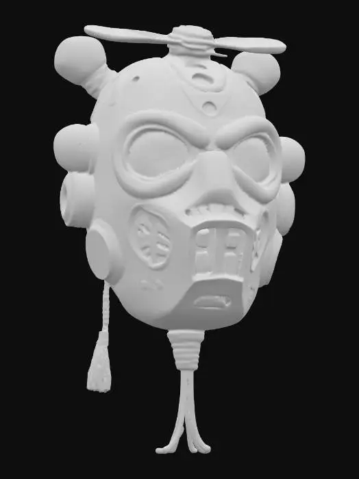 3D model for {"object":"Mask","material":"ABS shell, TPU bumper, AR acrylic visor, silicone light pipes, anodized brackets, nylon straps, M3 screws, laughbox, piezo buzz","shape_form":"Asymmetry: off-center brow, spring eye domes Ø24mm, duck-bill nose (mag-latch), kazoo grille, 80mm top propeller, zig-zag seam, cheek balloons, six micro-vents ea, rear tassel 12cm","color_scheme":"Pastel set #FF8AD6,#FFD166,#A0E7E5,#B4F8C8,#9F7AEA; checker decals #111213; emissive dots #00D4FF@0.5Hz","texture_details":"Semi-gloss 50GU; glitter 1%; sticker ghosts; TPU micro-ribs 0.6mm; seam flash 0.2mm; propeller scuffs; squeaker wear; dust in seats","style":"PBR,stylized,game-ready","polycount_control":"medium","environment_use_context":"Festival cosmetic; mid-distance readable; 1x2K tex; 1 mat ID; loop emissives"}
