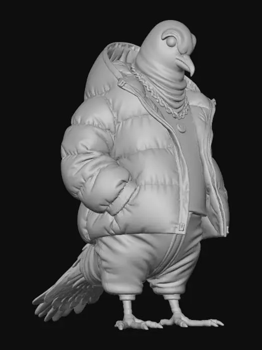 3D model for Tough-looking UK drill pigeon standing with a menacing posture, head slightly tilted down. Wearing a black puffer jacket, Balaclava partially covering its face, a thick gold chain, and designer tracksuit. Feathers smooth but slightly ruffled for a gritty, streetwise look. Beak closed, eyes intense. Urban London backdrop with dim streetlights and a moody, high-contrast vibe.", #villain#