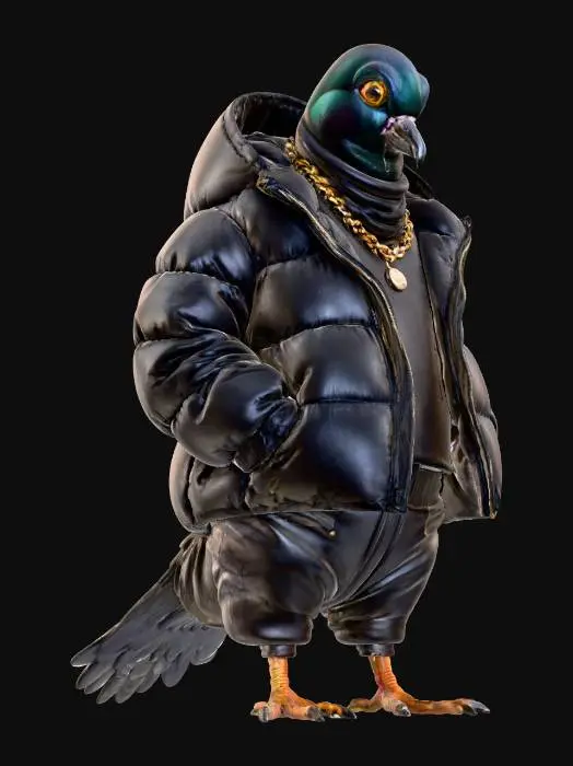 3D model for Tough-looking UK drill pigeon standing with a menacing posture, head slightly tilted down. Wearing a black puffer jacket, Balaclava partially covering its face, a thick gold chain, and designer tracksuit. Feathers smooth but slightly ruffled for a gritty, streetwise look. Beak closed, eyes intense. Urban London backdrop with dim streetlights and a moody, high-contrast vibe.", #villain#