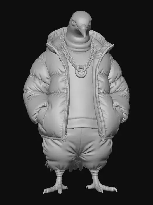 3D model for Tough-looking UK drill pigeon standing with a menacing posture, head slightly tilted down. Wearing a black puffer jacket, Balaclava partially covering its face, a thick gold chain, and designer tracksuit. Feathers smooth but slightly ruffled for a gritty, streetwise look. Beak closed, eyes intense. Urban London backdrop with dim streetlights and a moody, high-contrast vibe.", #villain#