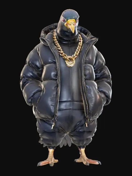 3D model for Tough-looking UK drill pigeon standing with a menacing posture, head slightly tilted down. Wearing a black puffer jacket, Balaclava partially covering its face, a thick gold chain, and designer tracksuit. Feathers smooth but slightly ruffled for a gritty, streetwise look. Beak closed, eyes intense. Urban London backdrop with dim streetlights and a moody, high-contrast vibe.", #villain#