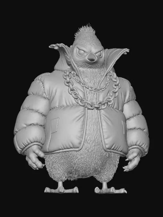 3D model for Tough-looking UK drill pigeon standing with a menacing posture, head slightly tilted down. Wearing a black puffer jacket, Balaclava partially covering its face, a thick gold chain, and designer tracksuit. Feathers smooth but slightly ruffled for a gritty, streetwise look. Beak closed, eyes intense. Urban London backdrop with dim streetlights and a moody, high-contrast vibe.", #villain#