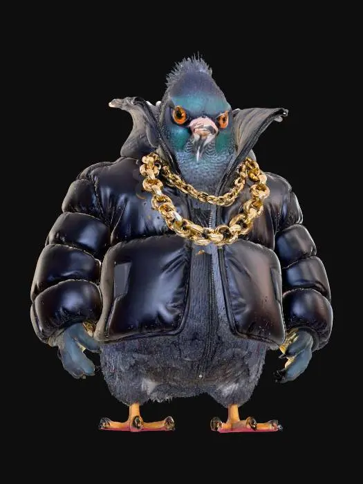 3D model for Tough-looking UK drill pigeon standing with a menacing posture, head slightly tilted down. Wearing a black puffer jacket, Balaclava partially covering its face, a thick gold chain, and designer tracksuit. Feathers smooth but slightly ruffled for a gritty, streetwise look. Beak closed, eyes intense. Urban London backdrop with dim streetlights and a moody, high-contrast vibe.", #villain#