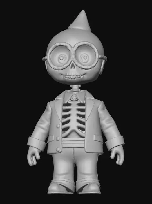 3D model for object: Skeletal CPA with a candy-corn visor and pumpkin sin-scale  
material: Bone, translucent candy, plastic, carved pumpkin  
shape_form: Upright skeleton in business attire; candy-corn visor over eyes; one hand holds a pumpkin-scale to weigh sins  
color_scheme: Bone white, candy orange/yellow/white, black suit, glowing pumpkin amber  
texture_details: Matte bone, glossy candy shell, stitched fabric, carved pumpkin with flickering light inside  
style: Stylized Cartoon  
environment_use_context: Halloween tax office or moral audit booth  
reference_models: Halloween skeletons, office workers, pumpkin props  
hooks: Coin/candy toggle, jaw clack animation
, #Halloween2025#