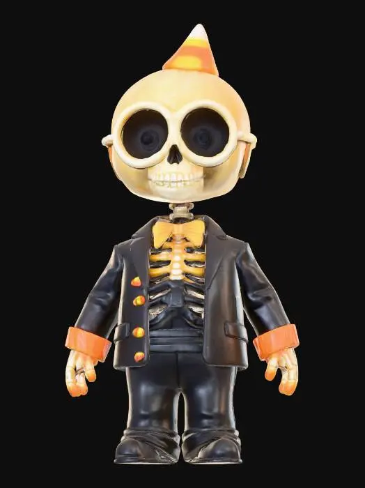 3D model for object: Skeletal CPA with a candy-corn visor and pumpkin sin-scale  
material: Bone, translucent candy, plastic, carved pumpkin  
shape_form: Upright skeleton in business attire; candy-corn visor over eyes; one hand holds a pumpkin-scale to weigh sins  
color_scheme: Bone white, candy orange/yellow/white, black suit, glowing pumpkin amber  
texture_details: Matte bone, glossy candy shell, stitched fabric, carved pumpkin with flickering light inside  
style: Stylized Cartoon  
environment_use_context: Halloween tax office or moral audit booth  
reference_models: Halloween skeletons, office workers, pumpkin props  
hooks: Coin/candy toggle, jaw clack animation
, #Halloween2025#