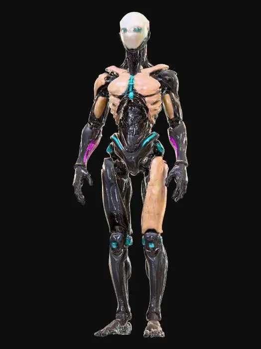 3D model for object: Reconstructed humanoid with mechanical grafts and synthetic muscle  
material: Worn metal plating, carbon fiber, neon tubing, exposed wiring, scarred flesh  
shape_form: Asymmetrical, patchwork frame with oversized limbs; limbs fused from multiple sources; back-mounted power conduit  
color_scheme: Rusted steel, electric blue, sickly green, muted flesh tones, flickering magenta accents  
texture_details: Welded seams, stitched synthetic skin, glowing data veins, oxidized metal, exposed circuitry  
style: Stylized Realistic  
environment_use_context: Dystopian back-alley lab or black market body shop  
reference_models: Kitbashed mechs, synthetic humanoids, medpunk NPCs
, #Halloween2025#
