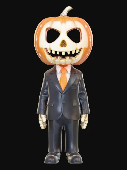 3D model for object: Skeletal CPA with a candy-corn visor and pumpkin sin-scale  
material: Bone, translucent candy, plastic, carved pumpkin  
shape_form: Upright skeleton in business attire; candy-corn visor over eyes; one hand holds a pumpkin-scale to weigh sins  
color_scheme: Bone white, candy orange/yellow/white, black suit, glowing pumpkin amber  
texture_details: Matte bone, glossy candy shell, stitched fabric, carved pumpkin with flickering light inside  
style: Stylized Cartoon  
environment_use_context: Halloween tax office or moral audit booth  
reference_models: Halloween skeletons, office workers, pumpkin props  
hooks: Coin/candy toggle, jaw clack animation
, #Halloween2025#