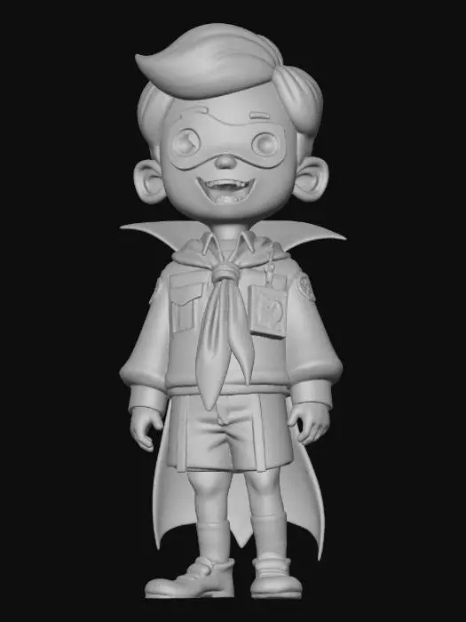 3D model for object: Little Vampire Scout
material: Fabric uniform with satin badges, plastic ID photo, bone-like fangs
shape_form: Childlike humanoid with scout sash and exaggerated fang mouth beneath a school photo mask
color_scheme: Pale skin, dark navy uniform, red sash, rosy cheeks on mask, white fangs
texture_details: Fabric folds on uniform, glossy plastic on photo ID mask, porous texture on fangs, embroidered sash badges
style: Cartoon
environment_use_context: Halloween-themed character, suitable for AR filters or stylized horror games
reference_models:
  - Vampire Boy by Mixamo
  - Scout Kid from Pixar’s "Up"
  - Stylized Genshin impact NPC children
, #Halloween2025#