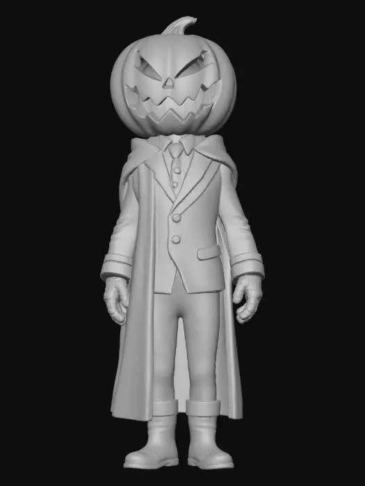 3D model for object: Pumpkin Spirit Debate Team Representative
material: Carved pumpkin rind, cotton gauze bandages, polyester blazer with school crest, internal ember glow
shape_form: Humanoid with carved pumpkin head partially wrapped in bandages; mouth flap lifts to reveal glowing carved smile and ember-breathing throat
color_scheme: Deep orange and charred brown for pumpkin, cream gauze, navy blue blazer with gold trim, amber inner glow
texture_details: Rough pumpkin surface with carved ridges, slightly scorched bandages, blazer stitching and badge embroidery, inner glow effect in throat cavity
style: PBR
environment_use_context: Stylized Halloween or school-themed spirit characters; ideal for games, cutscenes, or seasonal AR apps
, #Halloween2025#,