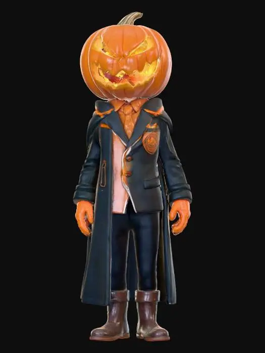3D model for object: Pumpkin Spirit Debate Team Representative
material: Carved pumpkin rind, cotton gauze bandages, polyester blazer with school crest, internal ember glow
shape_form: Humanoid with carved pumpkin head partially wrapped in bandages; mouth flap lifts to reveal glowing carved smile and ember-breathing throat
color_scheme: Deep orange and charred brown for pumpkin, cream gauze, navy blue blazer with gold trim, amber inner glow
texture_details: Rough pumpkin surface with carved ridges, slightly scorched bandages, blazer stitching and badge embroidery, inner glow effect in throat cavity
style: PBR
environment_use_context: Stylized Halloween or school-themed spirit characters; ideal for games, cutscenes, or seasonal AR apps
, #Halloween2025#,