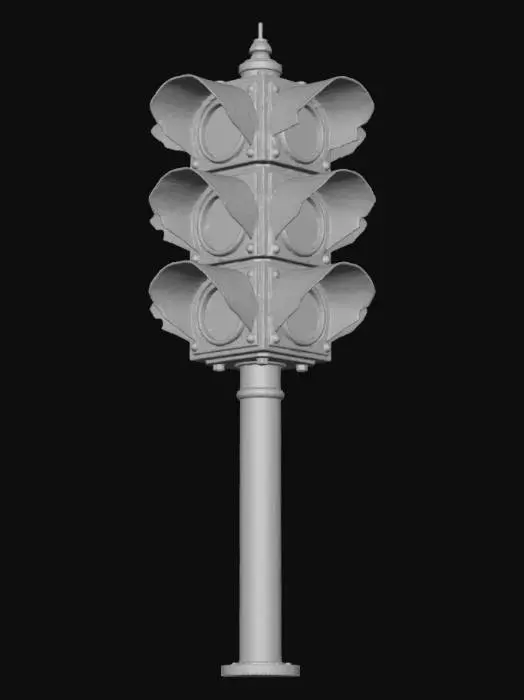 3D model for {"object": "traffic light pole", "material": null, "shape_form": "traffic light pole, 3-lamp head, crosswalk button", "color_scheme": null, "texture_details": "print-friendly normals, no tiny extrusions", "style": "stylized, hand-painted, low-poly, clean UVs, PBR maps, simple silhouette", "environment_use_context": "game prop", "reference_models": null},