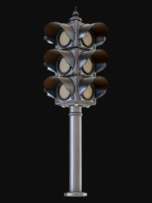 3D model for {"object": "traffic light pole", "material": null, "shape_form": "traffic light pole, 3-lamp head, crosswalk button", "color_scheme": null, "texture_details": "print-friendly normals, no tiny extrusions", "style": "stylized, hand-painted, low-poly, clean UVs, PBR maps, simple silhouette", "environment_use_context": "game prop", "reference_models": null},