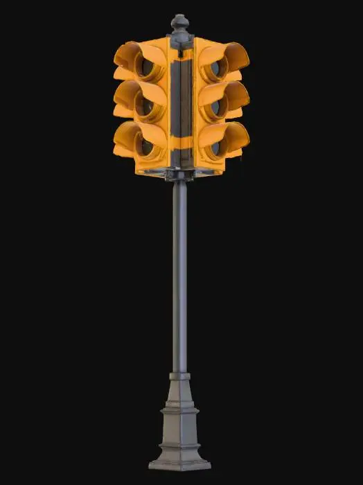 3D model for {"object": "traffic light pole", "material": null, "shape_form": "traffic light pole, 3-lamp head, crosswalk button", "color_scheme": null, "texture_details": "print-friendly normals, no tiny extrusions", "style": "stylized, hand-painted, low-poly, clean UVs, PBR maps, simple silhouette", "environment_use_context": "game prop", "reference_models": null},