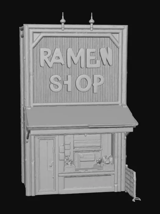 3D model for {"object":"comedic ramen shop building","material":"bamboo, plastic, neon signage, holographic steam vents","shape_form":"small squat hut with oversized ramen bowl roof, robot cat arms holding chopsticks, rotating menu screen","color_scheme":"warm oranges, off-white, with pink neon and mint accents","texture_details":"cel-shaded with thick line art, stylized food decals, steam puffs as holograms","style":"1990s anime cel, cartoon, parody","environment_use_context":"comic relief food stall for robot animals in Edo-future setting","reference_models":["Samurai Pizza Cats food shop","Tonkotsu Robo","Animal Crossing ramen stand"]}